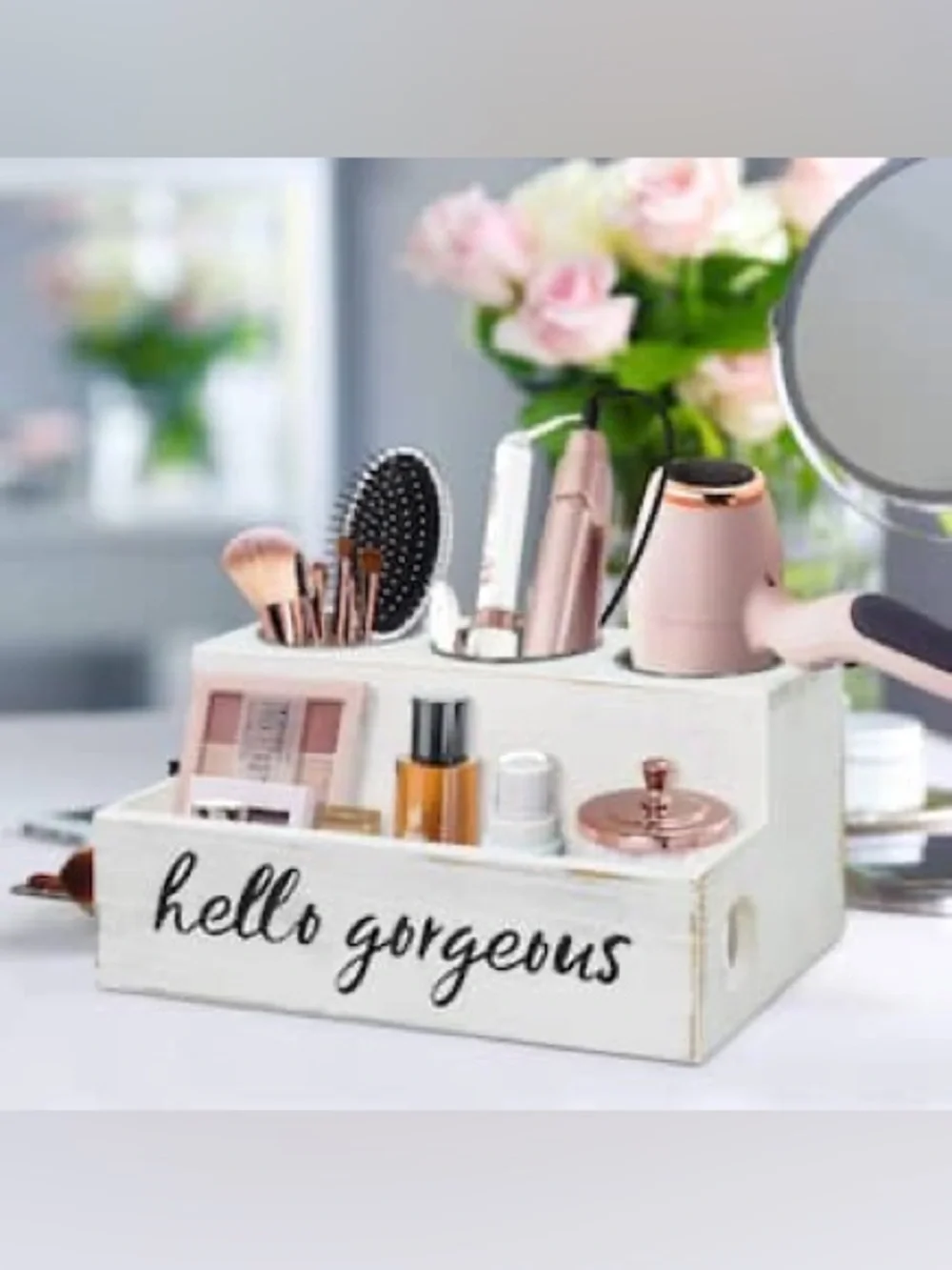 Hello Beautiful White Rustic Wood Organizer with 3 Stainless Cups